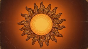 復古風格化太陽插圖，帶有波浪狀光線，位於橙色漸變背景上。