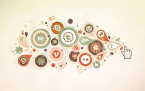 一條由社交媒體標誌和裝飾形狀組成的魚，一個像素化的手形光標指向它。