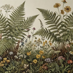 以柔和泥土色調描繪蕨類植物和野花的植物插圖。