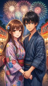 年輕情侶穿著浴衣在日本夏季節日煙火下牽手。