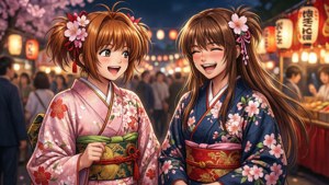 兩個穿著花卉和服的女孩在夜間櫻花節中提著燈籠大笑