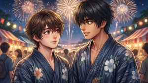 兩名身穿花卉圖案浴衣的年輕男子在擁擠的夜祭中，於煙火下共享一刻。