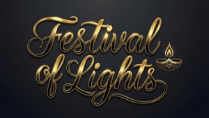 深色背景上帶有 diya 圖標的金色 Festival of Lights 文字