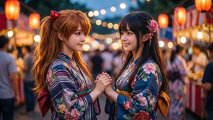 兩位穿著和服的女性在夜間燈籠節中牽手