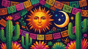 以鮮豔色彩呈現太陽、月亮、仙人掌和 papel picado 橫幅的天體場景