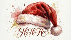 水彩聖誕帽，帶有金色潑濺和 Ho Ho Ho 文字。
