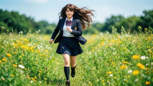 一個穿著校服的女孩在陽光明媚的日子裡跑過一片黃色野花田。
