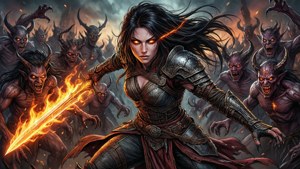 女戰士在黑暗奇幻戰鬥中用火焰劍與惡魔作戰。