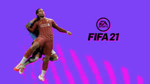 兩名足球運動員在比賽中騰空，背景為紫色，帶有FIFA 21標誌。