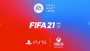 FIFA 21電子遊戲宣傳圖形，在紅藍漸變上帶有PlayStation 5和Xbox Series X標誌。