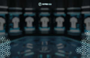 Fifpro 標誌在數碼介面上，帶有六邊形時鐘和模糊的足球球衣。