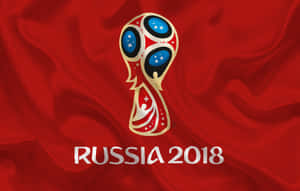 紅色布料上的FIFA世界盃獎盃標誌，附有Russia 2018文字