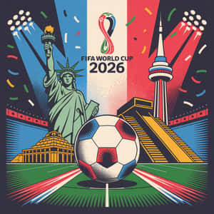 FIFA世界盃2026海報，足球和地標在五彩紙屑和聚光燈下