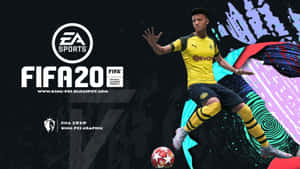 FIFA 20 足球運動員身穿黃色球衣，在空中持球，背景為抽象彩色。