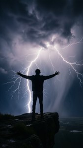 人在懸崖上張開雙臂，處於閃電風暴中