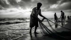 漁民在黃昏時分的風暴海灘上拉網。