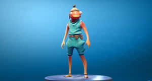 Fortnite 魚角色穿著青綠色工裝褲，站在藍色幾何背景的基座上。