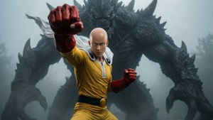 動漫英雄穿黃色西裝向前揮拳，面對迷霧森林中的多刺怪物