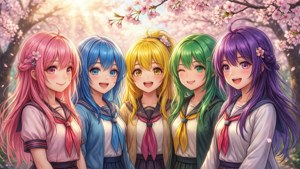 五個動漫女孩穿著水手服，在夕陽下的櫻花下微笑。