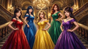 五位身穿彩色禮服的女性在豪華大廳的宏偉樓梯上擺姿勢。