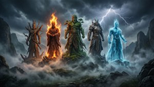 五位元素神靈站在岩石懸崖上，在暴風雨的天空下，各自閃耀著自己的元素。