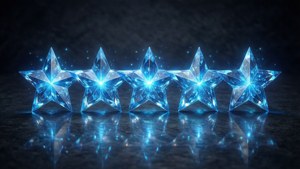 五顆發光的藍色水晶星星排成一列，置於深色反光表面上。