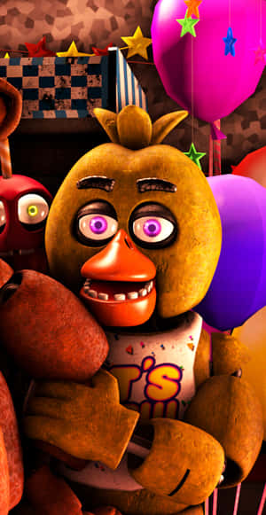 Freddy Fazbear 在一個有氣球和裝飾的生日派對上。
