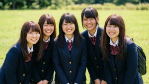 五名快樂的日本學生穿著校服站在草地上。