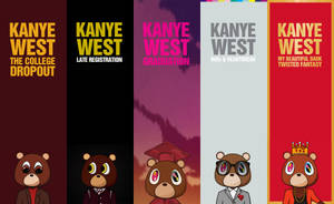 卡通熊穿著五種不同服裝，代表 Kanye West 專輯封面。