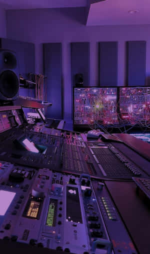 專業音樂工作室，配備紫色燈光和音頻設備。 — 紫色美學 壁紙