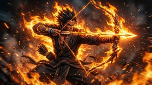 火焰弓戰士在行動中，被火焰和火花包圍