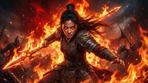 一位身穿精細盔甲的女戰士，手持火焰長矛，周圍環繞著火焰和煙霧。