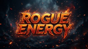 熾熱發光的文字顯示「rogue energy」，火花在煙霧瀰漫的黑暗背景下飛舞