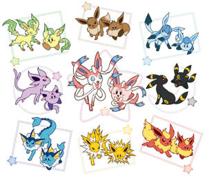 九對帶有星星裝飾的可愛卡通風格 Pokémon Eeveelutions。