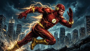 The Flash 在暴風雨的城市中奔跑，周圍有閃電