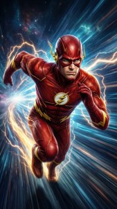 The Flash 在太空中以超高速奔跑，帶有閃電效果