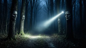 手電筒照亮一條森林小徑，樹幹上有人臉凝視著。