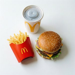 白色背景上的麥當勞漢堡、薯條和飲料杯