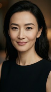 一位黑髮女性穿著黑色無袖上衣，溫柔地微笑。