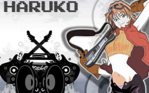 戴護目鏡的動漫女孩在帶有Haruko文字的手提音箱旁拿著電結他。