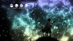 動漫男孩拿著結他，在發光的宇宙星雲襯托下形成剪影。