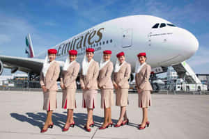 五名阿聯酋航空空服員在晴朗的日子裡，在一架空中巴士A380飛機前擺姿勢。