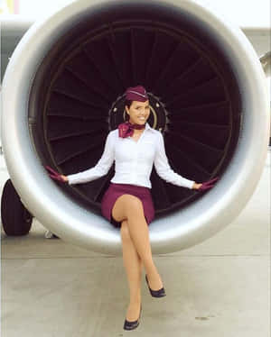 空中服務員坐在停機坪上的飛機引擎內