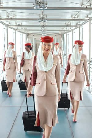 身穿粉紅色制服的空中服務員帶著行李走在飛機走廊上