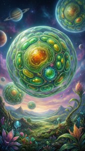 發光的外星球體在繁星點點的暮色天空下漂浮在色彩繽紛的外星山谷之上。