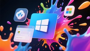 漂浮的 Windows 應用程式圖示被彩色油漆潑濺包圍在深色背景上