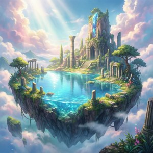 漂浮島嶼，擁有古代遺跡和水晶塔，周圍環繞著碧綠的海水和雲朵。