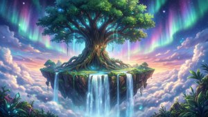 浮空島上的巨樹和瀑布，蓬鬆雲朵上方色彩繽紛的極光