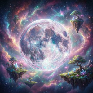 色彩繽紛的宇宙星雲中的漂浮島嶼，上有樹木和水晶。