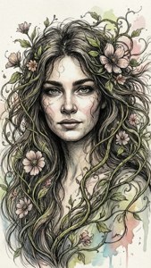 一幅水彩插圖中，一位長髮編織著藤蔓和粉紅色花朵的女性。